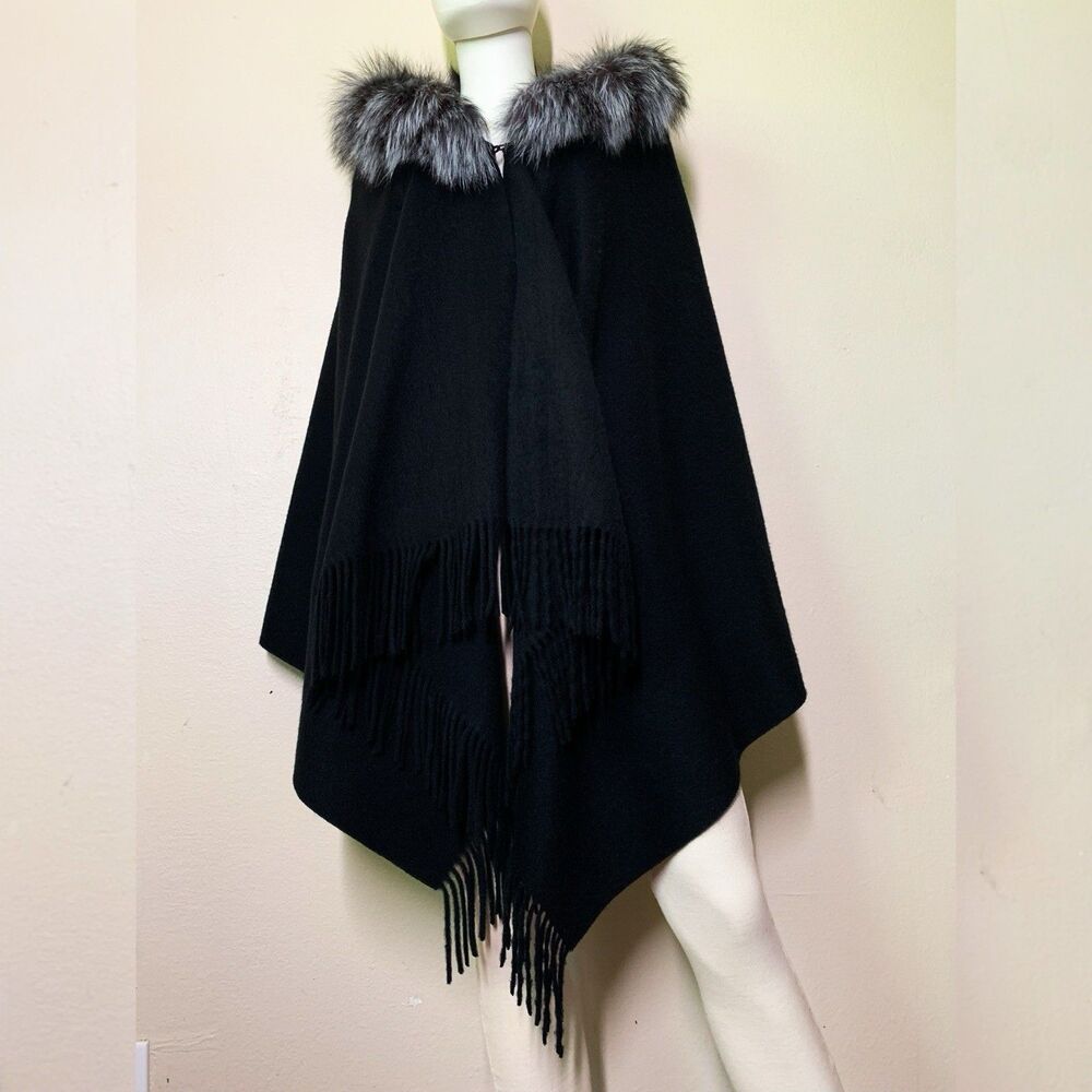 Surell Lamb Wool Shawl with Removable Genuine Fox Fur Collar Wrap Black Fringe